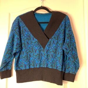 Vintage Paisley Knit Sweater Blue Green Black V-Neck Women M-L Retro 90s
